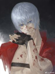 Rule 34 | 1boy, belt bra, blood, blood on clothes, blood on face, blood on hands, blue eyes, coat, dante (devil may cry), devil may cry, devil may cry (series), devil may cry 3, fingerless gloves, gloves, highres, male focus, nose, photorealistic, realistic, red coat, smile, solo, teeth, white hair