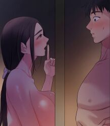 Rule 34 | 1boy, 1girl, black eyes, black hair, blush, breasts, brown hair, choi jin-hee, closed mouth, darkness, embarrassed, excited, glory hole (manhwa), huge breasts, large breasts, lee jagang, long hair, nude, open mouth, pectorals, very long hair