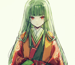 Rule 34 | 1girl, akinomiya asuka, blunt bangs, bright pupils, closed mouth, commentary request, expressionless, flat chest, green hair, green kimono, haori, japanese clothes, kimono, long hair, long sleeves, looking at viewer, mystical power plant, original, red eyes, simple background, solo, suitokuin tenmu, touhou, upper body, white background, white pupils