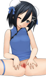 Rule 34 | 1girl, asagiri asagi, blue eyes, censored, chinese clothes, disgaea, dress, female focus, makai senki disgaea 2, makai senki disgaea 3, nippon ichi, one eye closed, pussy, simple background, smile, solo, spread pussy, white background, wink