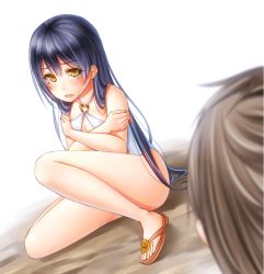 Rule 34 | 10s, 1girl, black hair, blue hair, blush, casual one-piece swimsuit, crossed arms, heart o-ring, long hair, love live!, love live! school idol project, noppi (noppi 98), o-ring, one-piece swimsuit, open mouth, sandals, sitting, solo focus, sonoda umi, swimsuit, yellow eyes