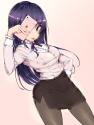 Rule 34 | 1girl, black pantyhose, black skirt, breasts, cellphone, doskoinpo, hand on own hip, large breasts, long hair, one eye covered, original, pantyhose, pencil skirt, phone, pink background, purple eyes, purple hair, selfie, skirt, smile, source request, tongue, tongue out, v