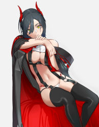 Rule 34 | 1girl, azur lane, bare shoulders, belt bra, black coat, black hair, black thighhighs, breasts, cleavage, coat, commentary, crotch plate, english commentary, expressionless, garter straps, hair over one eye, horns, large breasts, leaning to the side, looking at viewer, medium breasts, medium hair, midriff, multicolored coat, navel, off shoulder, red coat, saruno (eyesonly712), simple background, slit pupils, solo, staring, thighhighs, two-tone coat, ulrich von hutten (azur lane), yellow eyes