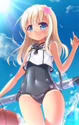 Rule 34 | 10s, 1girl, blonde hair, blue eyes, covered navel, cowboy shot, crop top, day, flower, gluteal fold, hair flower, hair ornament, hibiscus, kantai collection, kriegsmarine, lifebuoy, long hair, naoki (endofcentury102), one-piece swimsuit, one-piece tan, ro-500 (kancolle), sailor collar, school swimsuit, school uniform, serafuku, smile, solo, swim ring, swimsuit, swimsuit under clothes, tan, tanline, thighs, torpedo