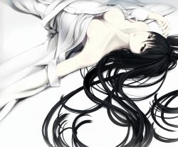 Rule 34 | 1girl, black eyes, black hair, breasts, breasts apart, erise, hair between eyes, hair spread out, japanese clothes, long hair, lying, medium breasts, no bra, on back, original, outstretched arm, parted lips, revision, smile, solo, very long hair