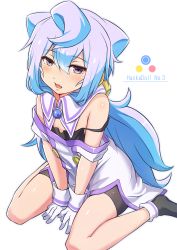 Rule 34 | 10s, 1boy, bare shoulders, blue hair, blush, character name, gloves, hacka doll, hacka doll 3, highres, long hair, looking at viewer, male focus, off shoulder, open mouth, purple eyes, shishikai, simple background, sitting, solo, trap, wariza, white background, white gloves