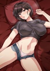Rule 34 | 1girl, black hair, black shirt, blue shorts, blush, breasts, covered erect nipples, earrings, haruhisky, highres, jewelry, large breasts, lying, navel, on back, on bed, original, panties, parted lips, pillow, pink panties, shirt, short hair, short shorts, short sleeves, shorts, solo, sweat, t-shirt, underwear
