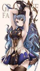 Rule 34 | &gt;:), 10s, 1girl, animal ears, armpits, arms up, belt, belt skirt, black gloves, black thighhighs, blue hair, breasts, brown eyes, closed mouth, copyright name, cowboy shot, dress, erune, ferry (granblue fantasy), frilled gloves, frills, gloves, granblue fantasy, highres, long hair, medium breasts, sideboob, solo, thighhighs, tony guisado, v-shaped eyebrows, very long hair, wavy hair, whip