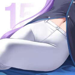 Rule 34 | 1girl, absurdres, black shirt, blue archive, head out of frame, highres, hip focus, khoaphan96, leaning to the side, long hair, lower body, navel, number background, pants, purple hair, shirt, sitting, solo, tight clothes, tight pants, utaha (blue archive), very long hair, white pants