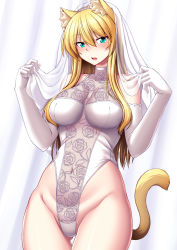 Rule 34 | 1girl, animal ear fluff, animal ears, aqua eyes, bare shoulders, blonde hair, blush, breasts, bridal veil, cat ears, cat tail, elbow gloves, gloves, groin, highres, large breasts, leotard, long hair, looking at viewer, medium breasts, nokoppa, open mouth, original, solo, tail, veil, white gloves