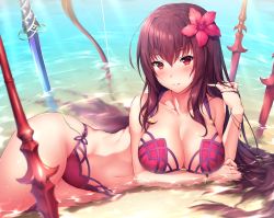 Rule 34 | 1girl, beach, bikini, blush, bracelet, breasts, brown hair, day, fate/grand order, fate (series), flower, hair flower, hair ornament, jewelry, large breasts, light smile, long hair, looking at viewer, lying, navel, on side, outdoors, partially submerged, red bikini, red eyes, scathach (fate), smile, solo, swimsuit, water, yomono