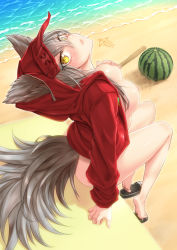 Rule 34 | 1girl, ai ai gasa, animal ears, arknights, ass, barefoot, beach, black footwear, blush, breasts, breasts out, character name, closed mouth, day, ears through headwear, eyes visible through hair, food, from behind, fruit, full body, hair over one eye, hand on own chest, highres, hood, hood up, hooded jacket, jacket, long hair, long sleeves, looking at viewer, looking back, looking up, medium breasts, naked jacket, nipples, no bra, no panties, official alternate costume, open clothes, open jacket, outdoors, pink lips, projekt red (arknights), projekt red (light breeze) (arknights), red jacket, sand, shoes, unworn shoes, silver hair, sitting, solo, tail, water, watermelon, wolf ears, wolf girl, wolf tail, yamauchi (conan-comy), yellow eyes, zipper, zipper pull tab