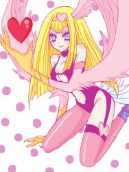Rule 34 | 1girl, blonde hair, blue eyes, blush, breasts, choker, claws, cleavage, cleavage cutout, clothing cutout, duel monster, elbow gloves, gloves, hair ornament, hairband, harpie girl (yu-gi-oh!), harpy, head wings, heart, heart hair ornament, kneeling, large breasts, long hair, monster, monster girl, non-web source, pantyhose, single leg pantyhose, smile, solo, tail, thighhighs, winged arms, wings, yu-gi-oh!, yu-gi-oh! duel monsters