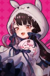 Rule 34 | 1girl, :d, absurdres, animal hood, black hair, blue bow, blush, bow, fang, hair ribbon, highres, holding, holding stuffed toy, hood, hood up, long hair, long sleeves, looking at viewer, low twintails, nijisanji, open mouth, pink background, red eyes, ribbon, smile, solo, sooon, sparkle, stuffed toy, twintails, upper body, virtual youtuber, yorumi rena, yorumi rena (3rd costume)