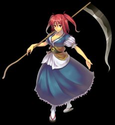 Rule 34 | 1girl, absurdres, breasts, cleavage, female focus, full body, hair bobbles, hair ornament, highres, jonylaser, large breasts, onozuka komachi, red eyes, red hair, scythe, short hair, solo, touhou, transparent background, twintails, two side up