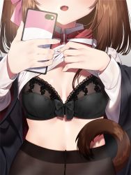 Rule 34 | 1girl, absurdres, bad id, bad pixiv id, black bow, black bra, black jacket, bow, bow bra, bowtie, bra, breasts, brown hair, camera flash, cat tail, clothes lift, collared shirt, facing viewer, fang, fingernails, flashing, haiba 09, hair ribbon, head out of frame, highres, holding, holding phone, jacket, lace, lifted by self, long sleeves, medium breasts, midriff, nekoseki rion (haiba 09), off shoulder, open clothes, open jacket, original, pantyhose, phone, pink ribbon, red bow, red bowtie, ribbon, selfie, shirt, shirt lift, solo, tail, taking picture, underwear, white shirt