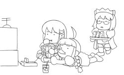 Rule 34 | 2k-tan, 3girls, ahoge, blunt bangs, chibi, chibi only, controller, cup, drinking glass, drinking straw, eating, food, fruit, game console, game controller, glass, glasses, greyscale, lineart, me-tan, monochrome, multiple girls, os-tan, playing games, popcorn, television, thighhighs, video game, watermelon, white background, xp-tan