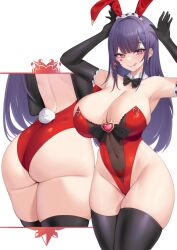 Rule 34 | 1girl, :q, akuma nihmune, akuma nihmune (3rd costume), animal ears, armpits, arms up, ass, ass focus, bare shoulders, black bow, black bowtie, black gloves, black thighhighs, bow, bowtie, breasts, cleavage, commentary, commission, covered navel, cowboy shot, detached collar, elbow gloves, facial mark, fake animal ears, fake tail, gloves, groin, heart, highres, huge ass, indie virtual youtuber, kuavera, large breasts, leotard, long hair, looking at viewer, multiple views, playboy bunny, pubic tattoo, purple eyes, purple hair, rabbit ears, rabbit tail, red leotard, simple background, smile, standing, strapless, strapless leotard, tail, tattoo, thick thighs, thighhighs, thighs, tongue, tongue out, very long hair, virtual youtuber, white background