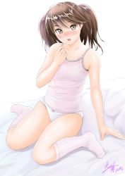 Rule 34 | 10s, 1girl, bed, blush, bow, bow panties, breasts, brown eyes, brown hair, camisole, dated, hiyama izumi (wttdh), kantai collection, open mouth, panties, ryuujou (kancolle), signature, sitting, small breasts, socks, solo, twintails, undershirt, underwear, underwear only, wariza, white panties