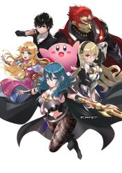 Rule 34 | 2boys, 3girls, :d, amamiya ren, black hair, blonde hair, blue eyes, breasts, byleth (female) (fire emblem), byleth (fire emblem), cape, cawang, commission, corrin (female) (fire emblem), corrin (fire emblem), dress, evil grin, evil smile, unworn eyewear, fire emblem, fire emblem: three houses, full body, ganondorf, glasses, green eyes, green hair, grin, highres, holding, holding removed eyewear, kirby, kirby (series), large breasts, long hair, looking at viewer, multiple boys, multiple girls, navel, nintendo, open mouth, pantyhose, pantyhose under shorts, persona, persona 5, pixiv commission, pointy ears, princess zelda, red eyes, red hair, shorts, simple background, smile, super smash bros., sword of the creator, the legend of zelda, the legend of zelda: a link between worlds, the legend of zelda: ocarina of time, tiara, twitter username, white background