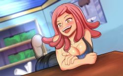 Rule 34 | 1girl, boku no hero academia, breasts, hatsume mei, large breasts, leaning on table, smile, solo, tagme