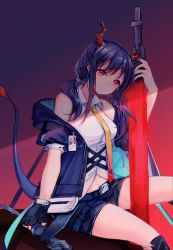 Rule 34 | 1girl, arknights, blue hair, blue jacket, blue shorts, breasts, ch&#039;en (arknights), chi xiao (arknights), chinese commentary, dragon girl, dragon horns, dragon tail, dual wielding, energy sword, feiyang spirit, glowing, glowing sword, glowing weapon, gradient background, highres, holding, holding sword, holding weapon, horns, id card, jacket, knee pads, looking at viewer, low twintails, medium breasts, navel, necktie, off shoulder, red eyes, shirt, shorts, sitting, solo, sword, tail, twintails, weapon, white shirt, yellow necktie