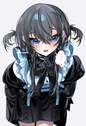 Rule 34 | 1girl, absurdres, artist name, belt, black bow, black hair, black jacket, black skirt, blue eyes, bow, collar, colored eyelashes, cross-laced clothes, frilled shirt, frills, hair between eyes, heart, heart in eye, highres, jacket, jirai kei, light particles, looking at viewer, off shoulder, open clothes, open jacket, open mouth, original, shiny clothes, shiozaki ise, shirt, short hair with long locks, skirt, smile, solo, speech bubble, spiked collar, spikes, spoken heart, standing, studded belt, symbol in eye, teeth, thick eyelashes, translation request, two side up, upper body, upper teeth only, white background