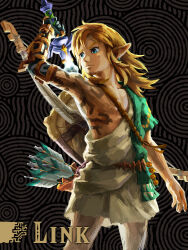 Rule 34 | 1boy, archaic set (zelda), blonde hair, blue eyes, body markings, highres, holding, link, long hair, male focus, master sword, nintendo, official alternate costume, official alternate hairstyle, official art, pointy ears, shield, shield on back, solo, sword, the legend of zelda, the legend of zelda: breath of the wild, the legend of zelda: tears of the kingdom, weapon