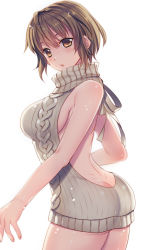 Rule 34 | 1girl, ass, backless dress, backless outfit, bad id, bad pixiv id, bare back, breasts, brown eyes, brown hair, butt crack, cowboy shot, dress, halterneck, kairi (strawberry drop), looking at viewer, meme attire, naked sweater, original, sideboob, simple background, solo, sweater, sweater dress, turtleneck, turtleneck sweater, virgin killer sweater, white background