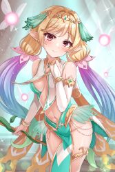 Rule 34 | 1girl, absurdres, blonde hair, blue hair, blush, bracelet, breasts, elf, gold trim, gradient hair, highres, holding, holding staff, jewelry, kazuneko (wktk1024), long hair, looking at viewer, low twintails, multicolored hair, navel, pelvic curtain, pointy ears, purple hair, rainbow hair, red eyes, revealing clothes, sennen sensou aigis, small breasts, solo, staff, twintails, tytto (sennen sensou aigis)