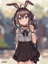 Rule 34 | 1girl, :3, ahoge, animal ears, belt, blurry, blurry background, breasts, brown hair, casual, collar, earrings, green eyes, hololive, jewelry, kemonomimi mode, looking at viewer, medium hair, natsuiro matsuri, natsuiro matsuri (casual), rabbit ears, small breasts, solo, twintails, user ntzz4442, virtual youtuber