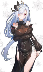 Rule 34 | 1girl, absurdres, bare shoulders, black dress, blue eyes, bodystocking, breasts, cleavage, covered navel, detached sleeves, dress, genshin impact, grey hair, hair ornament, highres, large breasts, long hair, long sleeves, looking at viewer, mo (mo80 rr), official alternate costume, shenhe (frostflower dew) (genshin impact), shenhe (genshin impact), sleeveless, sleeveless dress, smile, solo, thighs, very long hair