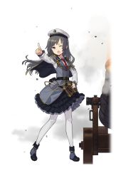 Rule 34 | 1girl, ;o, belt, belt pouch, binoculars, blue footwear, cannon, capelet, epaulettes, female focus, full body, grey hair, hat, highres, long hair, looking at viewer, official art, one eye closed, open mouth, pantyhose, pointing, pouch, princess principal, princess principal game of mission, purple eyes, solo, sophie mackenzie, standing, transparent background, uniform, white pantyhose