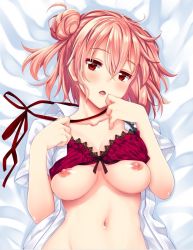 Rule 34 | 10s, 1girl, akino sora, belly, blush, bra, bra lift, breasts, collarbone, collared shirt, eyebrows, hair between eyes, hair bun, hand on own face, highres, looking at viewer, lying, medium breasts, messy hair, navel, neck ribbon, nipples, on back, on bed, open clothes, open mouth, open shirt, pink hair, purple bra, red eyes, red ribbon, ribbon, shiny skin, shirt, short hair, single hair bun, solo, stomach, underwear, white shirt, yahari ore no seishun lovecome wa machigatteiru., yuigahama yui