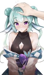 Rule 34 | 1girl, :o, bare shoulders, breasts, cleavage cutout, clothing cutout, commentary, double bun, english commentary, finana ryugu, fins, fish girl, green hair, hair bun, hand on another&#039;s head, head fins, headpat, highres, nijisanji, nijisanji en, official alternate costume, pov, pov hands, purple eyes, simple background, small breasts, solo focus, tommy (kingdukeee), twintails, upper body, virtual youtuber, white background
