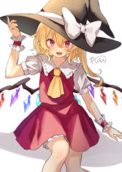 Rule 34 | artist name, ascot, black hat, blonde hair, blurry, blush, borrowed clothes, bow, commentary request, crystal, depth of field, fang, flandre scarlet, hair between eyes, hand up, hat, hat bow, hi o kawa, highres, looking at viewer, medium hair, open mouth, pointy ears, red eyes, red skirt, red vest, shirt, short sleeves, side ponytail, skin fang, skirt, smile, solo, touhou, vest, white background, white bow, white shirt, wings, witch hat, wrist cuffs, yellow ascot