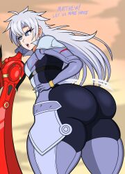 Rule 34 | 1girl, a (xenoblade), armor, ass, ass focus, blue eyes, bodysuit, from behind, from below, gauntlets, highres, huge ass, jiggle, long hair, open mouth, shingattai, skin tight, solo, sword, thick thighs, thighhighs, thighs, very long hair, weapon, white hair, xenoblade chronicles (series), xenoblade chronicles 3