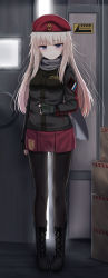 Rule 34 | 1girl, ak-74m, ak74m (girls&#039; frontline), assault rifle, belt pouch, beret, black footwear, black gloves, black jacket, black pantyhose, blush, boots, closed mouth, cross-laced footwear, fingerless gloves, full body, girls&#039; frontline, gloves, grey background, gun, hat, highres, jacket, kalashnikov rifle, lace-up boots, long hair, long sleeves, looking at viewer, original, pantyhose, pleated skirt, pouch, purple eyes, red hat, red skirt, rifle, russian flag, russian text, scarf, skirt, solo, standing, translation request, very long hair, weapon, yakob labo