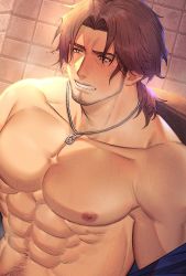 Rule 34 | 1boy, abs, absurdres, bara, bare pectorals, beard, belmond banderas, blush, breath, brown eyes, brown hair, facial hair, highres, jewelry, large pectorals, male focus, male pubic hair, mature male, muscular, muscular male, navel, navel hair, necklace, nijisanji, nipples, off shoulder, open clothes, open shirt, out-of-frame censoring, parted bangs, pectorals, penis, pubic hair, pubic hair peek, sexually suggestive, short hair, sideburns, solo, steam, stomach, sweat, virtual youtuber, yusa (usa kotobuki)
