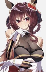 Rule 34 | 1girl, absurdres, bare shoulders, braided hair rings, breasts, brown hair, cleavage, commentary request, cowboy shot, detached sleeves, dress, ear covers, ear ornament, frilled dress, frills, gentildonna (umamusume), gloves, hair ornament, heart, heart-shaped ornament, heart hair ornament, highres, horse girl, jewelry, large breasts, looking at viewer, red eyes, see-through, see-through cleavage, simple background, sleeveless, sleeveless dress, smile, solo, taguchi yuu, thighhighs, umamusume, white background, white gloves, white thighhighs