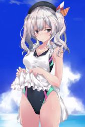 Rule 34 | 1girl, apron, apron lift, beret, black eyes, blush, breasts, cleavage, closed mouth, clothes lift, cloud, commentary request, competition swimsuit, day, hat, kantai collection, kashima (kancolle), lifting own clothes, long hair, looking at viewer, medium breasts, one-piece swimsuit, outdoors, silver hair, sky, solo, standing, swimsuit, twintails, water, wavy mouth, white apron, yumesato makura