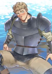 Rule 34 | 1boy, absurdres, armor, bara, blonde hair, blush, cowboy shot, dungeon meshi, highres, laios thorden, looking at viewer, male focus, partially submerged, short hair, sideburns, sitting, solo, spread legs, suyohara, thick eyebrows, water