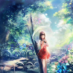 Rule 34 | 1girl, brown hair, camera, cat, closed eyes, cloud, day, dress, flower, highres, holding, juexing (moemoe3345), original, outdoors, path, red dress, road, shadow, short sleeves, standing, thighhighs, transparent, transparent umbrella, tree, umbrella, white thighhighs