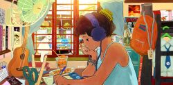 Rule 34 | 1girl, backpack, bag, blue camisole, blue necktie, book, bracelet, calendar (object), camisole, cat, cellphone, clothes hanger, curtains, electric fan, expressionless, food, guitar, headphones, highres, holding, holding pen, instrument, iphone, jewelry, koalanov, lofi girl, lofi girl (youtube), necktie, open book, pen, phone, profile, scissors, shelf, shirt, signature, skewer, smartphone, solo, white cat, white shirt, window