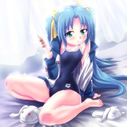Rule 34 | 1girl, :t, animal slippers, aqua eyes, arena (company), barefoot, blue hair, bunny slippers, competition school swimsuit, competition swimsuit, eating, food, jacket, kebab, long hair, one-piece swimsuit, school swimsuit, shoes, unworn shoes, sitting, slippers, solo, swimsuit, swimsuit under clothes, tennouji mamichi, tennouji masamichi, twintails, wariza