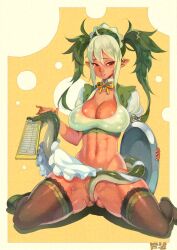 Rule 34 | 1girl, abs, ahoge, apron, artist name, black thighhighs, blush, bow, breasts, cleavage, cleavage cutout, clothing cutout, collar, covered erect nipples, dark-skinned female, dark skin, dated, echidna (queen&#039;s blade), echidna (queen's blade), elf, embarrassed, f.s., furrowed brow, gluteal fold, green footwear, grey hair, hair between eyes, hand up, highres, holding, holding tray, juliet sleeves, keltan, lace, lace-trimmed legwear, lace trim, large breasts, long hair, long sleeves, looking at viewer, looking to the side, maid, maid headdress, menu, midriff, multicolored hair, muscular, muscular female, navel, outside border, parted lips, pointy ears, puffy sleeves, queen&#039;s blade, red eyes, short sleeves, sidelocks, signature, simple background, sitting, snake, solo, sweat, thighhighs, thighs, tray, twintails, two-tone hair, unconventional maid, veteran mercenary echidna, wariza, white apron, yellow background, yellow bow