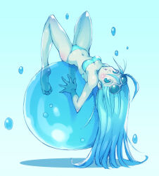 Rule 34 | 1girl, antenna hair, bikini, blue background, blue bikini, blue hair, blue theme, blush, bubble, eyewear on head, knees up, long hair, looking at viewer, lying, navel, on back, open mouth, original, peter salt, shadow, simple background, solo, sunglasses, swimsuit, water drop