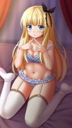 Rule 34 | 10s, 1girl, :t, bare arms, bare shoulders, bed sheet, black ribbon, blonde hair, blue bra, blue eyes, blue panties, blurry, blurry background, blush, bra, breasts, cleavage, closed mouth, collarbone, commentary, curtains, depth of field, fingernails, fingers together, frilled bra, frilled panties, frills, garter straps, hair ribbon, highres, index fingers together, juliet persia, kazenokaze, kishuku gakkou no juliet, long hair, medium breasts, navel, no shoes, panties, pout, ribbon, sitting, solo, thighhighs, underwear, underwear only, very long hair, wariza, white thighhighs