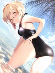 Rule 34 | 1girl, ahoge, alternate costume, artoria pendragon (fate), ass, bare shoulders, bent over, black-framed eyewear, black one-piece swimsuit, blonde hair, braid, commentary request, day, fate/grand order, fate (series), french braid, from behind, hair between eyes, highres, long hair, looking at viewer, maosame, mysterious heroine x alter (fate), one-piece swimsuit, outdoors, palm leaf, partially submerged, semi-rimless eyewear, solo, swimsuit, thighs, under-rim eyewear, wading, water, yellow eyes