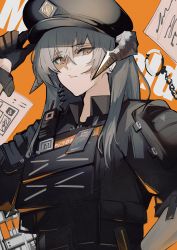 Rule 34 | 1girl, adjusting clothes, adjusting headwear, amirun, arknights, black gloves, black hat, black shirt, blouse, closed mouth, collared shirt, commentary request, cuffs, dragon horns, earrings, eyes visible through hair, gloves, grey hair, handcuffs, hat, highres, horns, jewelry, looking at viewer, official alternate costume, orange background, orange eyes, police, police hat, police uniform, saria (arknights), saria (the law) (arknights), shirt, sleeves rolled up, solo, stud earrings, uniform, upper body, walkie-talkie